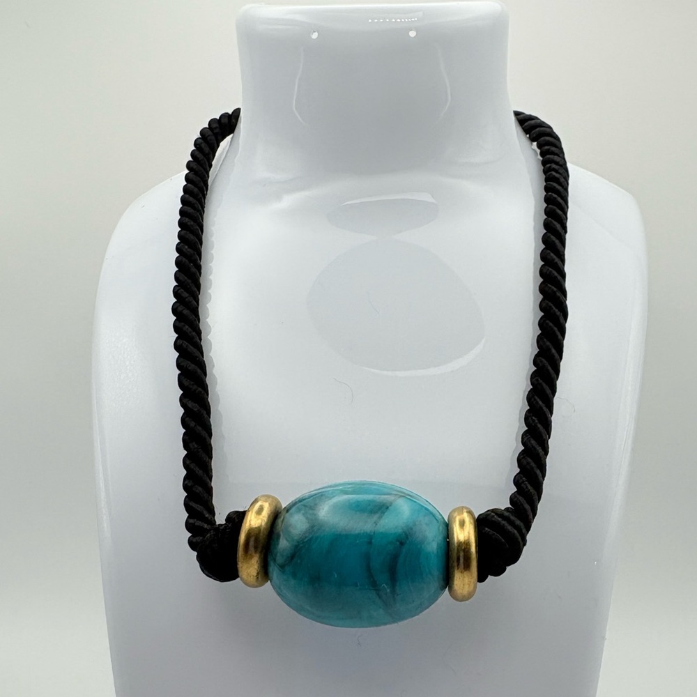 Vintage Black Rope Choker Necklace Turquoise Bead Gold Tone Accents